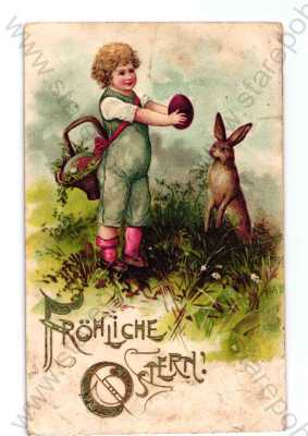  - Velikonoční přání, chlapec, zajíc, plastická karta, zlacená, DA