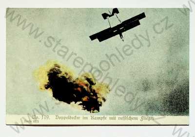  - 1. světová válka - dvouplošník v souboji s ruským letadlem, serie 55/3, kolorovaná
